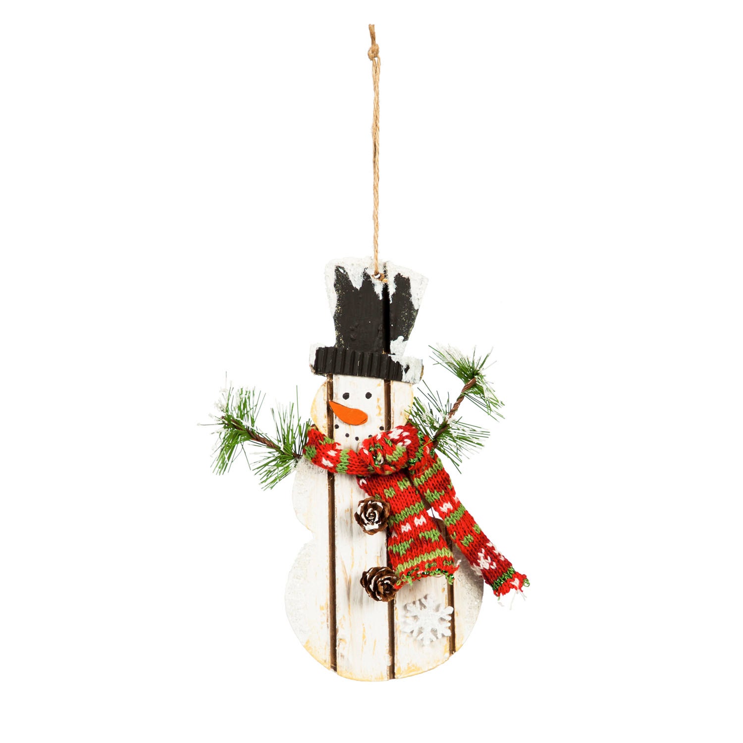 Wooden Snowman Ornament with Scarf and Foliage Accents