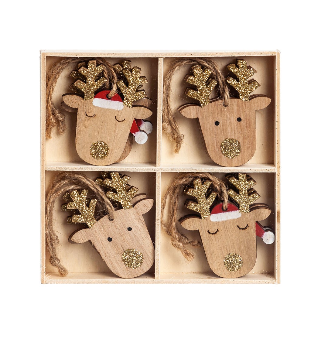 Wooden Holiday Deer Ornament in Wooden Tray, 2 Designs, 4 of each, 8 pcs total