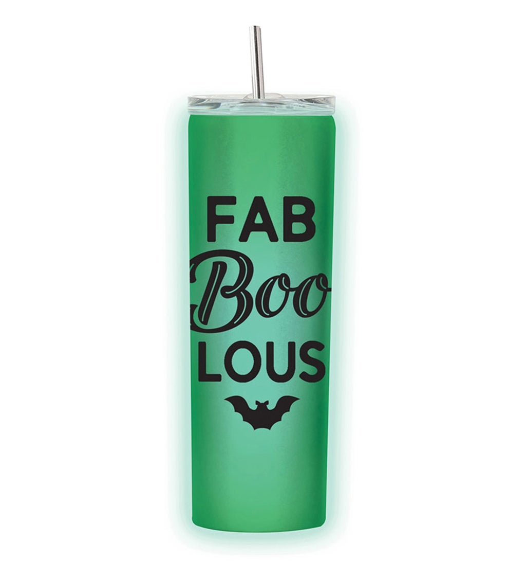 Double Wall Stainless Steel, Glow-in-the-dark Beverage Cup With Straw, 20 oz., FAB "BOO" LOUS