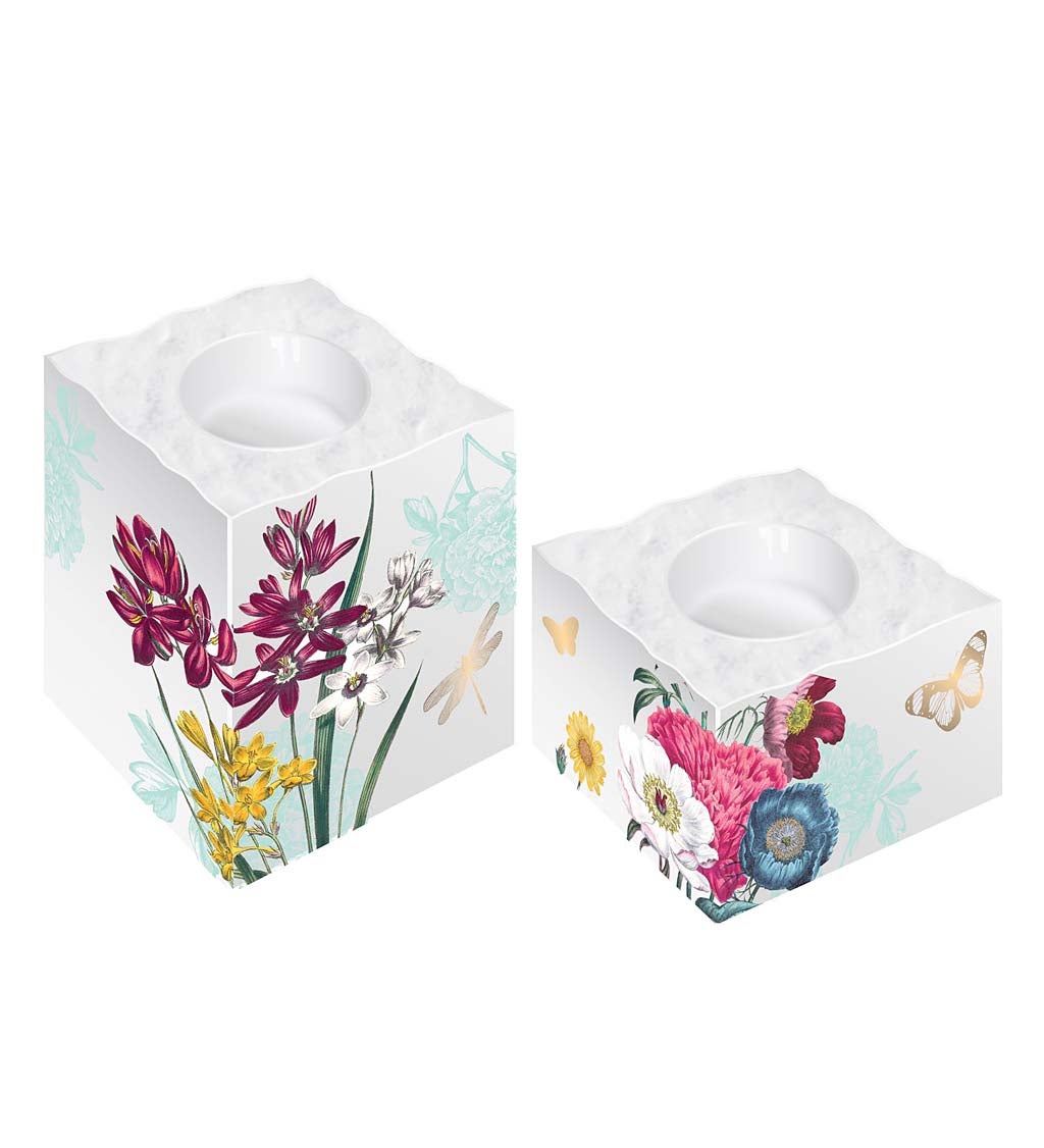 Vivid Bouquet Ceramic Square Tealight Holders, Set of 2