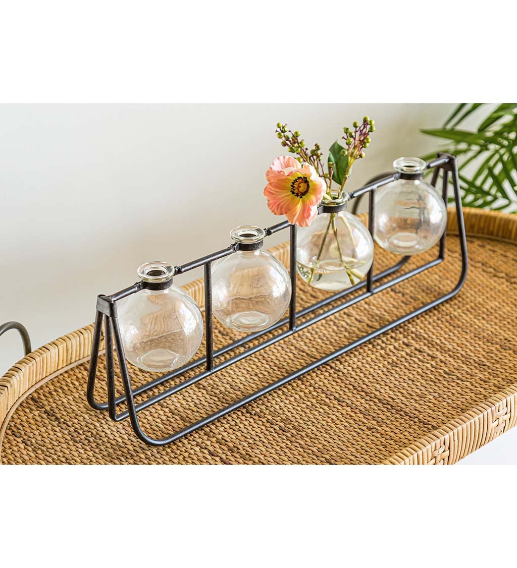 Set of Four Glass Bulb Bud Vases with Metal Rack