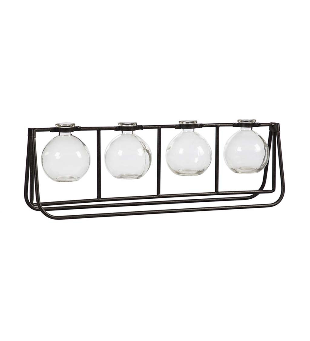 Set of Four Glass Bulb Bud Vases with Metal Rack