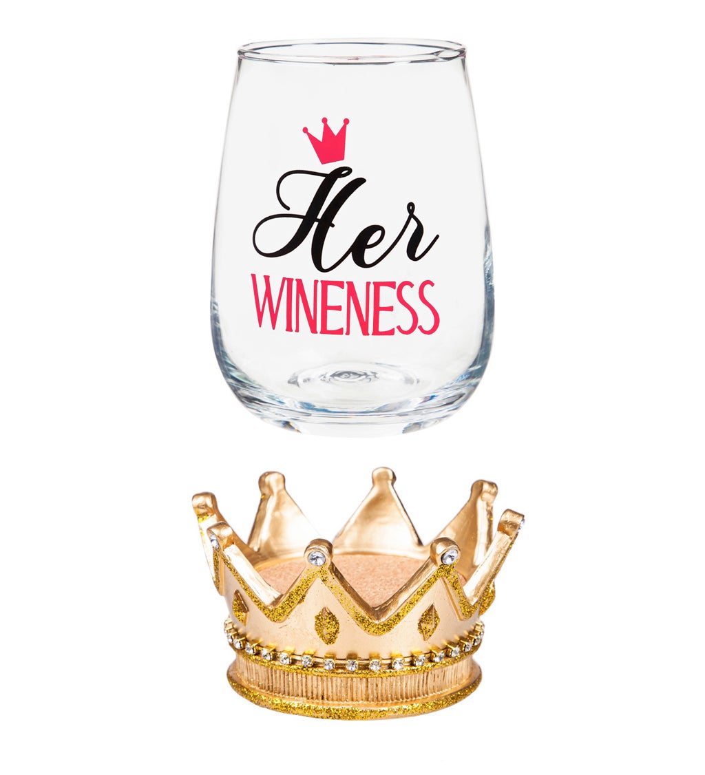 Stemless Wine Glass with Coaster Base, 17 oz, Her Wineness