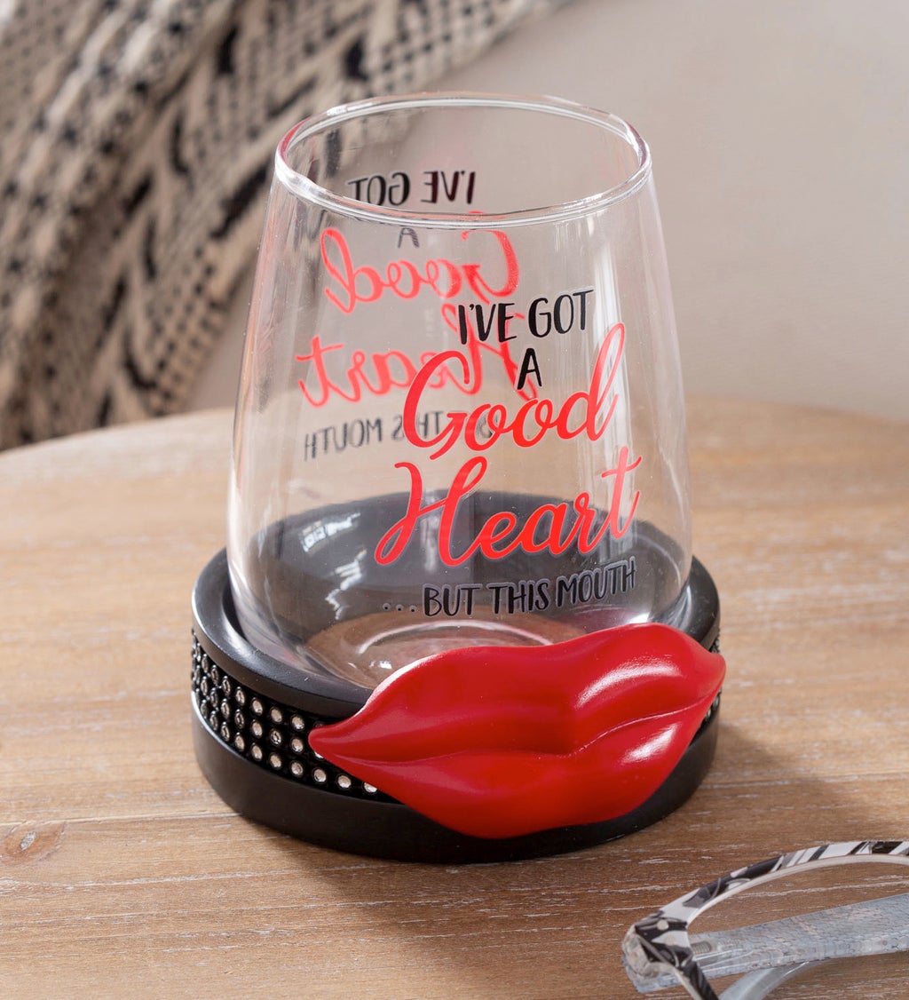 Stemless Wine Glass with Coaster Base, 17 oz, Good Heart