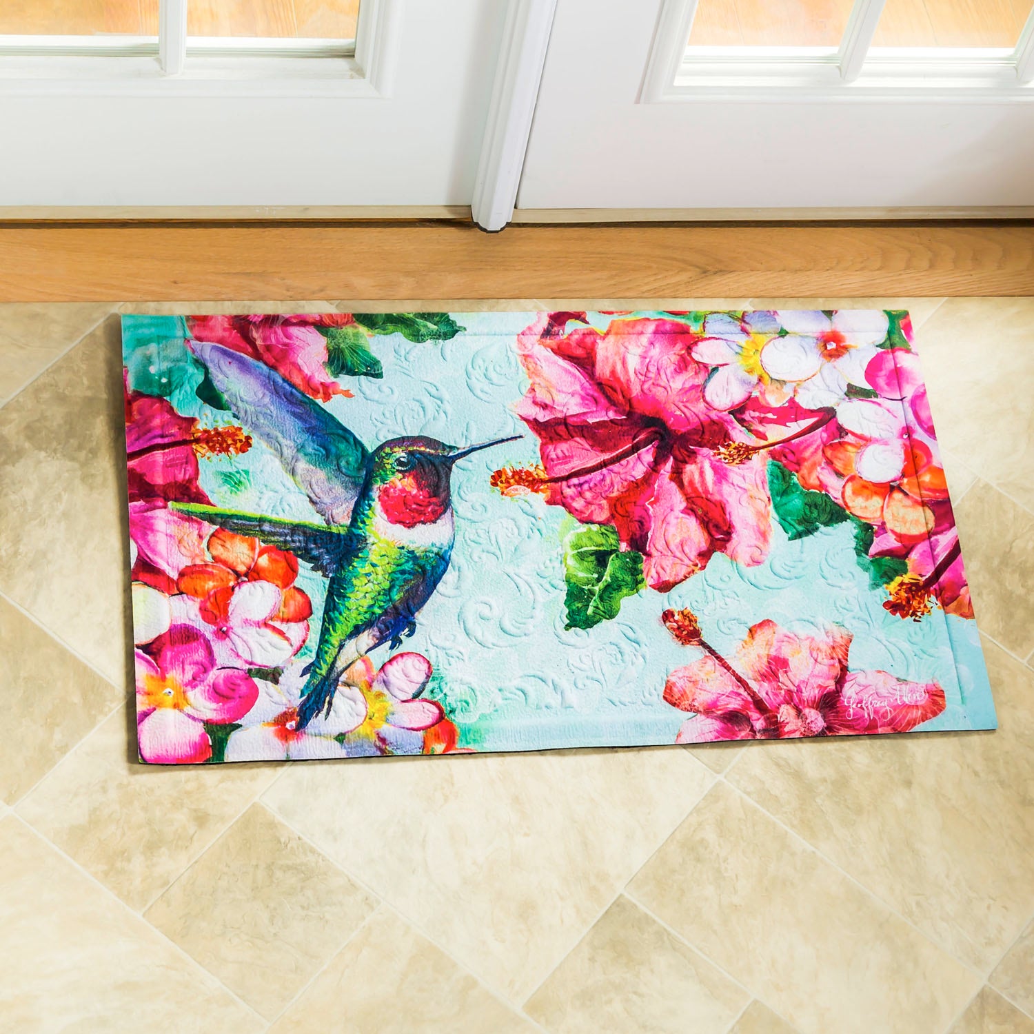 Hummingbird and Hibiscus Embossed Floor Mat, 30" x 18"
