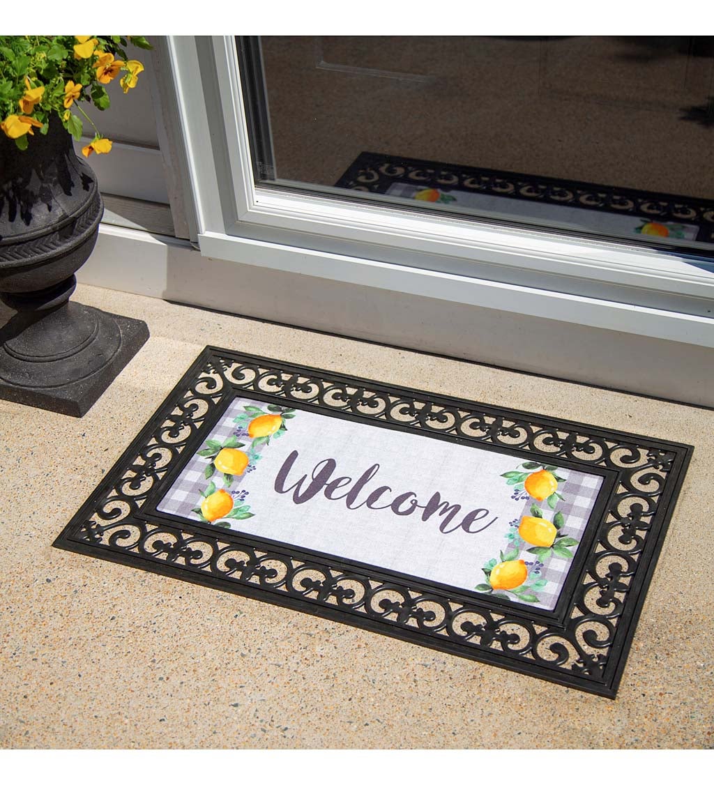 Welcome Lemon Wreath with Buffalo Plaid Sassafras Switch Mat