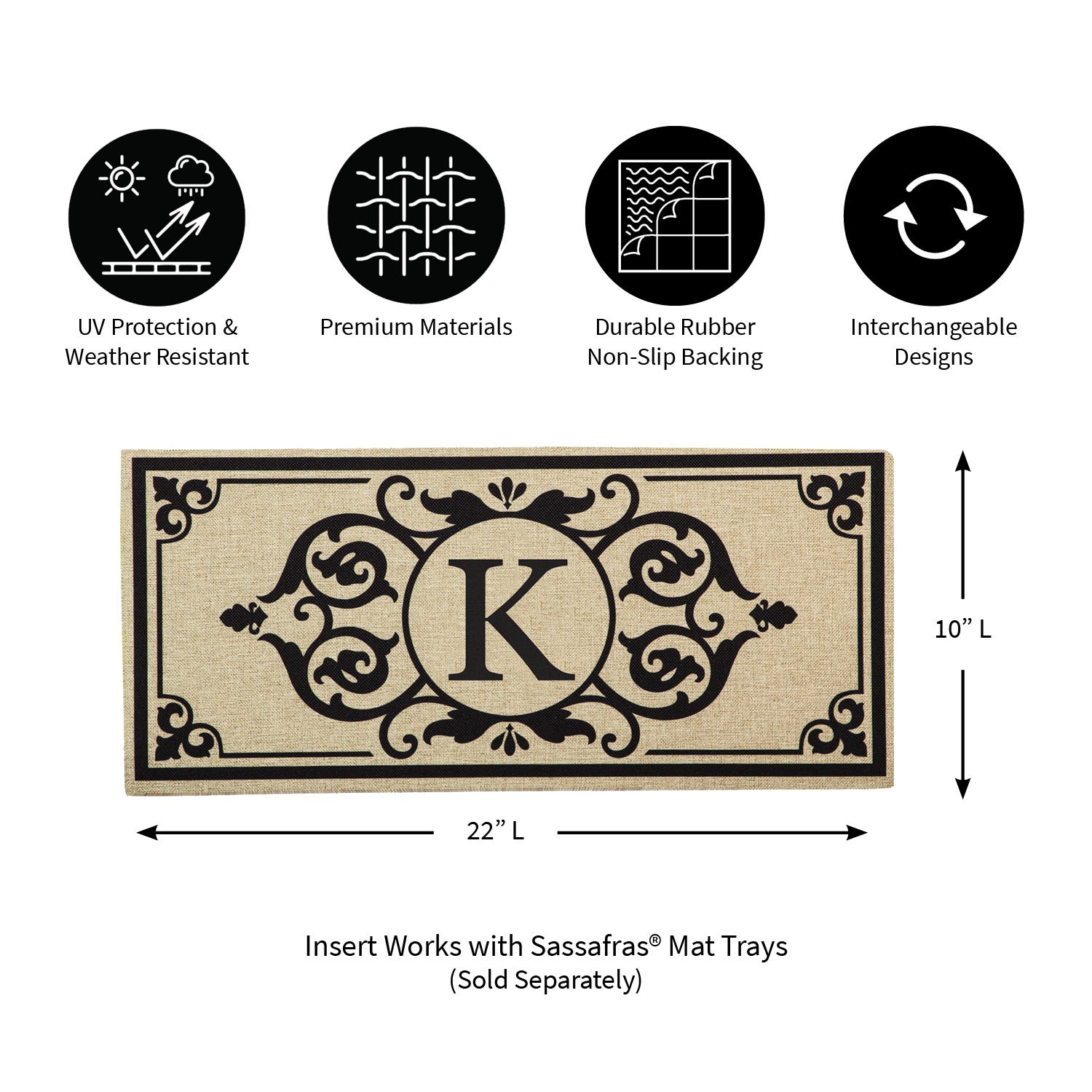 Cambridge Monogram Burlap Sassafras Switch Mat, Letter K, 22" x 10"