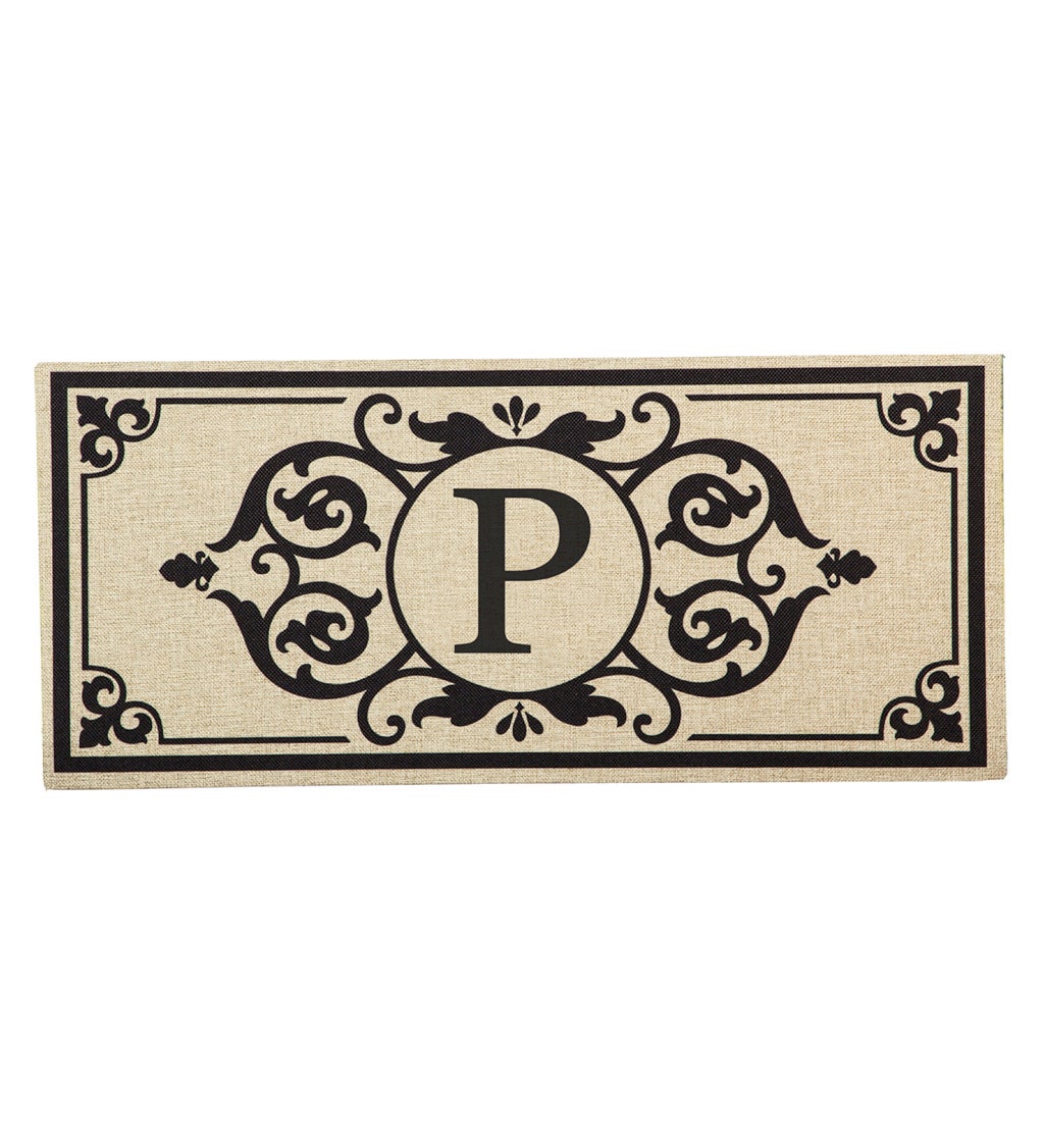 Cambridge Monogram Burlap Sassafras Switch Mat, Letter P, 22" x 10"