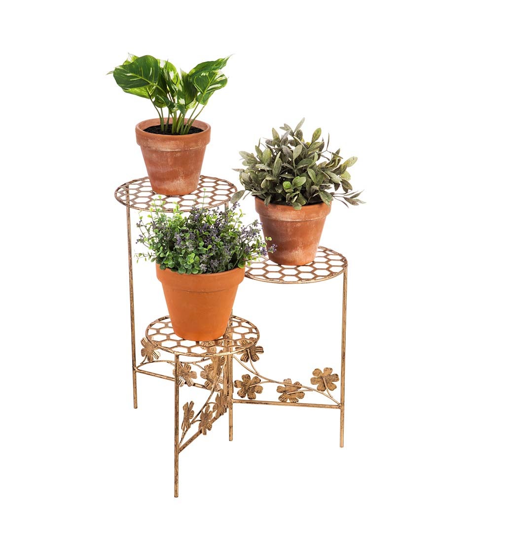 18.25" 3 Tier Collapsible Plant Stand, Honeycomb and Floral with Gold and Verdigris Finish