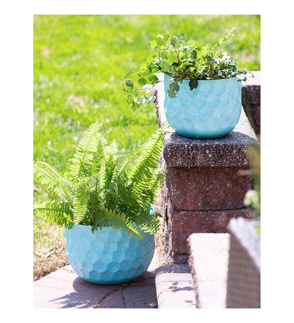 Set of 2 Water Blues Embossed Honeycomb Planters, Light Blue