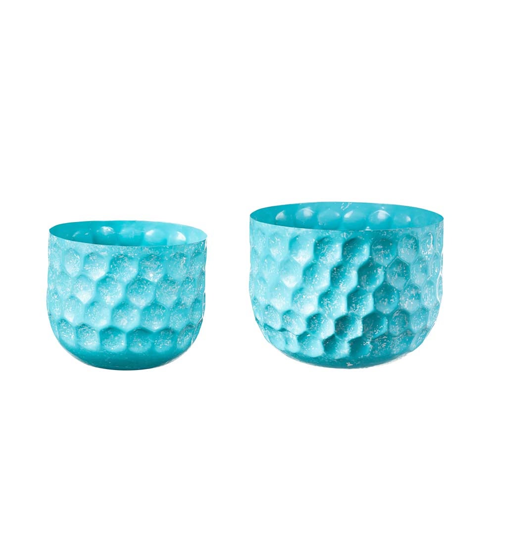Set of 2 Water Blues Embossed Honeycomb Planters, Light Blue