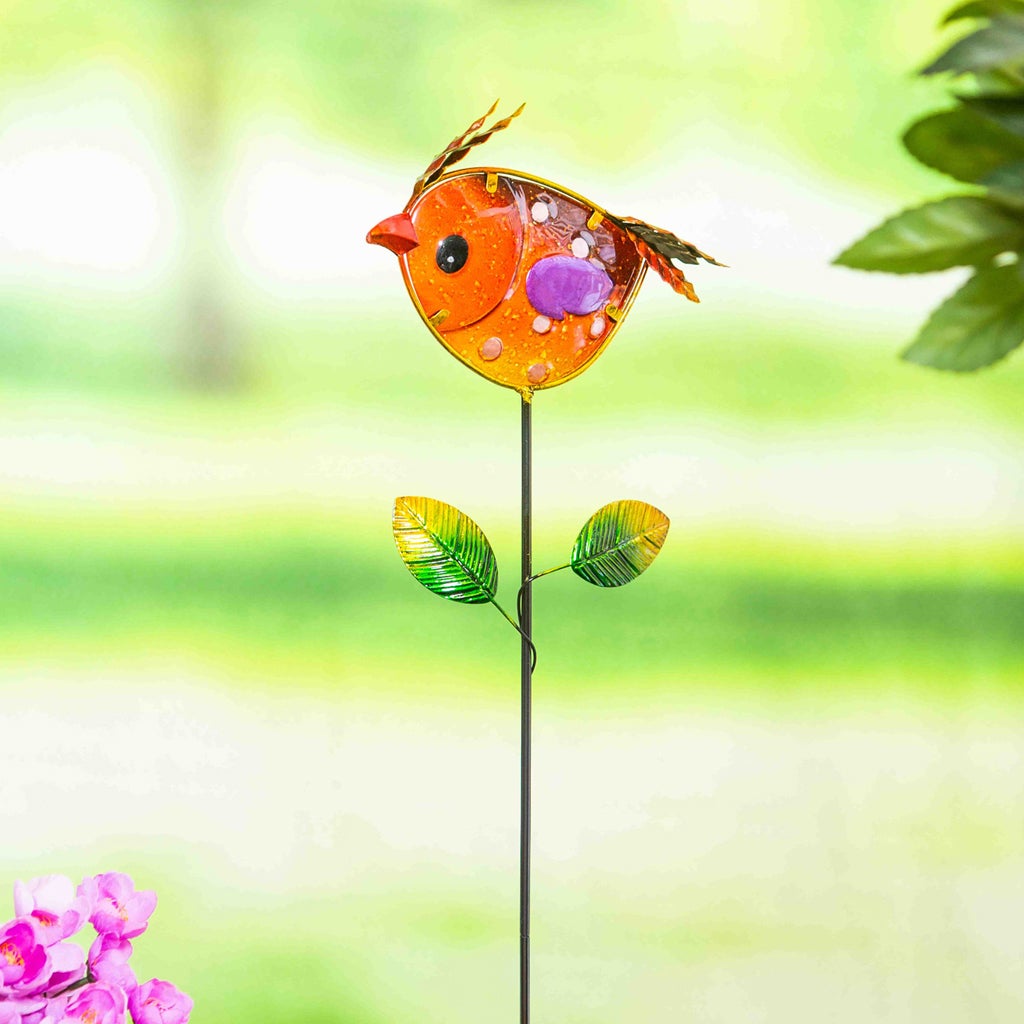 Colorful Metal and Glass Bird Garden Stakes, Yellow