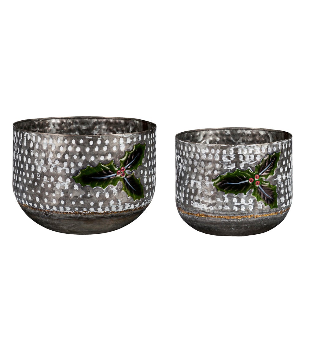 Set of 2 Planter with Embossed Painted Holly Leaves