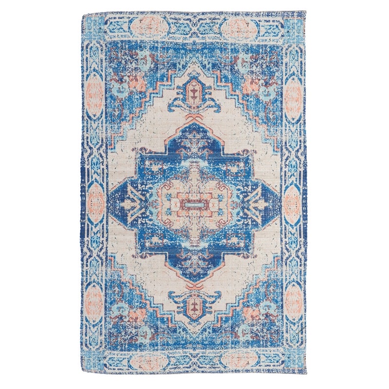Blue with Coral Digitally-Printed Indoor and Outdoor-Safe Rug