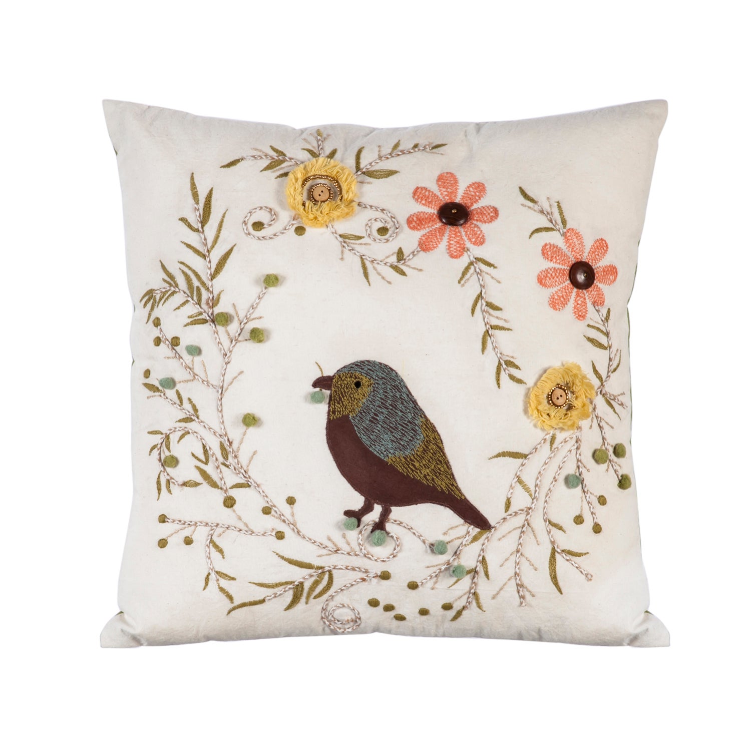 White Square Pillow with Bird and Flowers