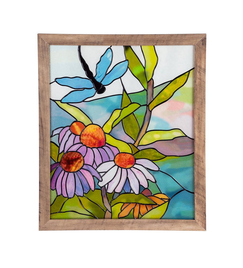 Stained Glass Floral Dragonfly Framed Wall Art