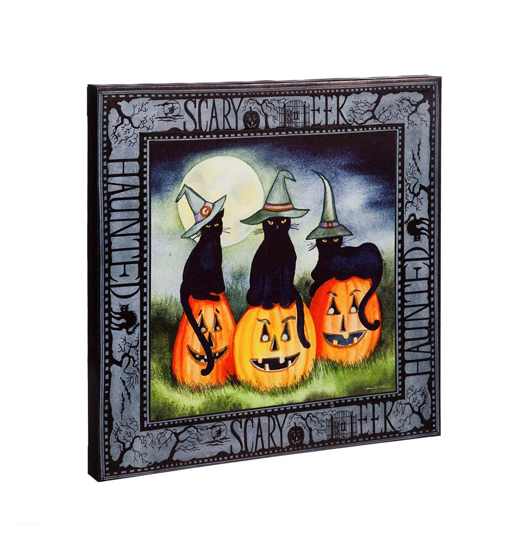 Haunted Jack O'Lanterns with Black Cats LED Musical Canvas Wall Decor