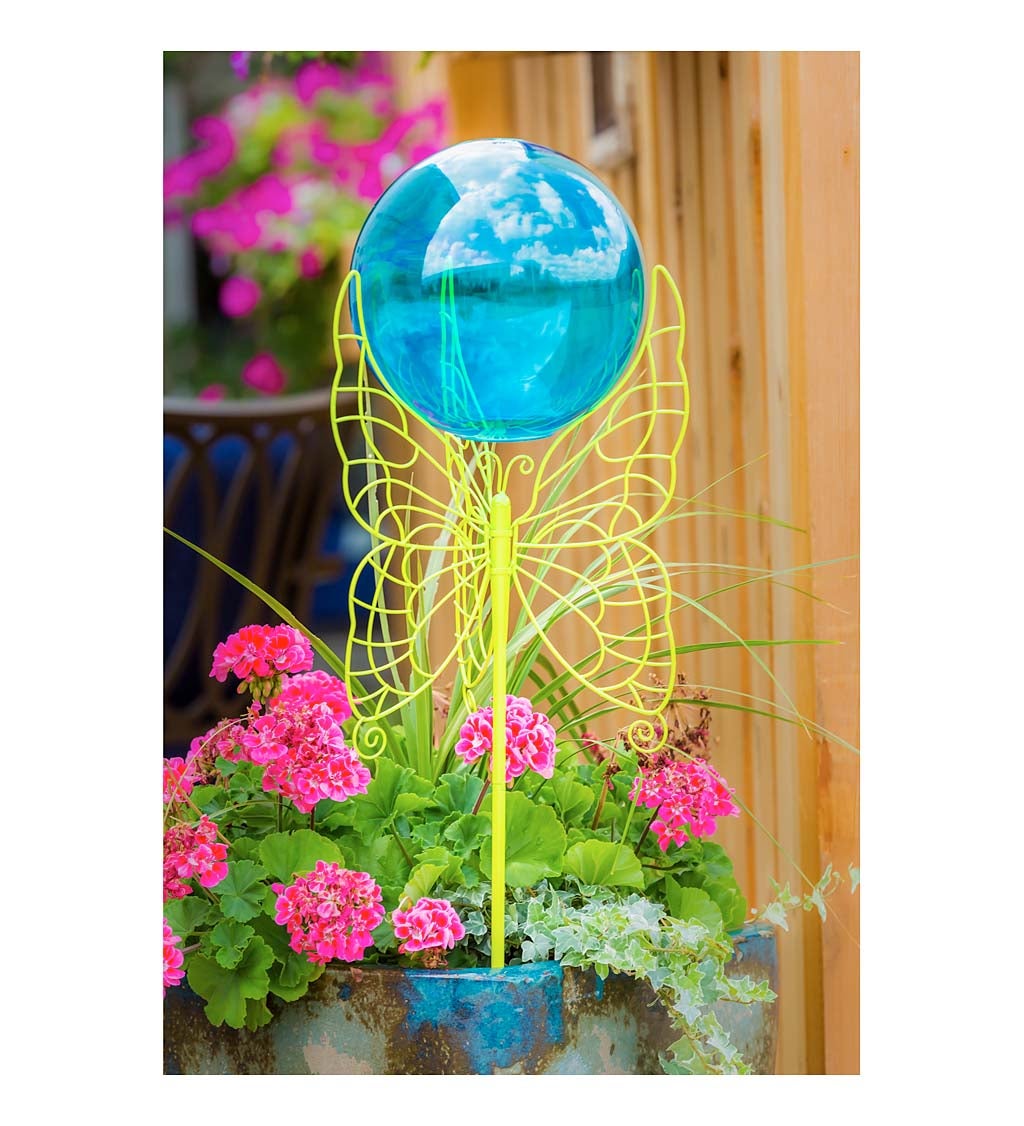 Blue Glass Gazing Ball with Green Butterfly Metal Stand