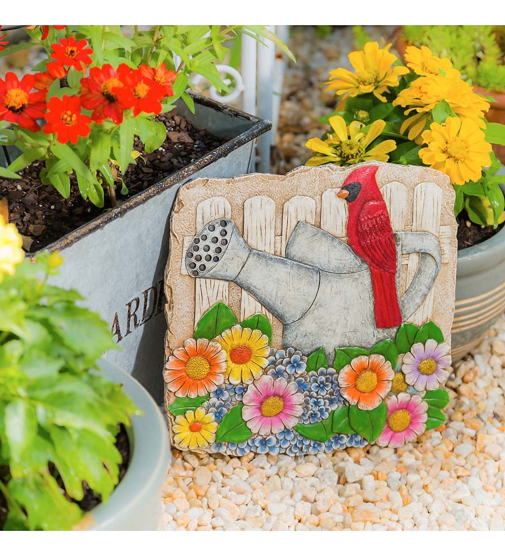 10" Garden Stone, Cardinal and Watering Can in Florals