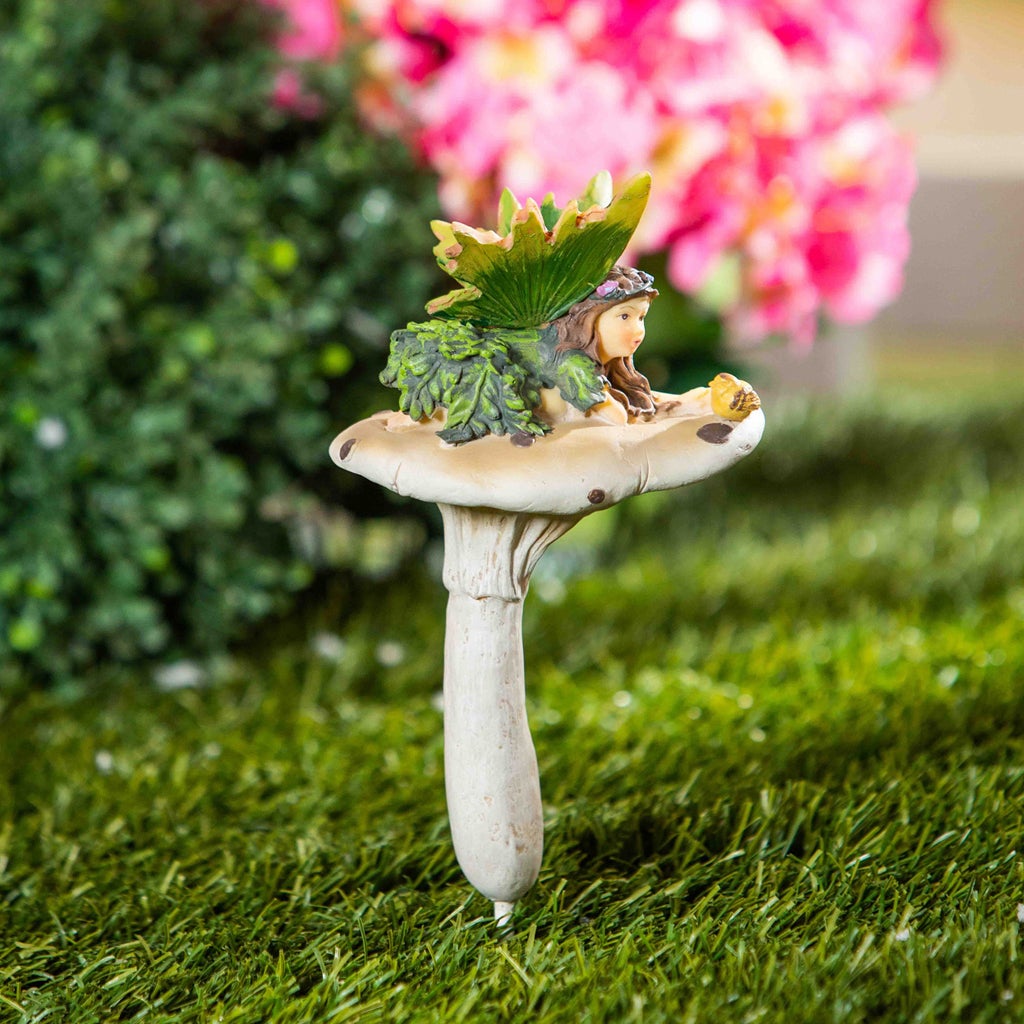 Fairy On Mushrooms with Bird Garden Stakes