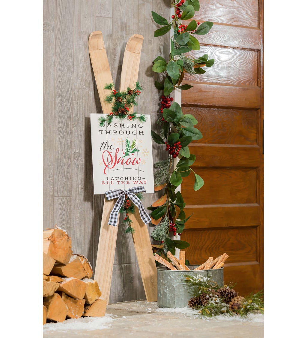 44.5"H Wooden Ski with Artificial Holiday Porch Décor