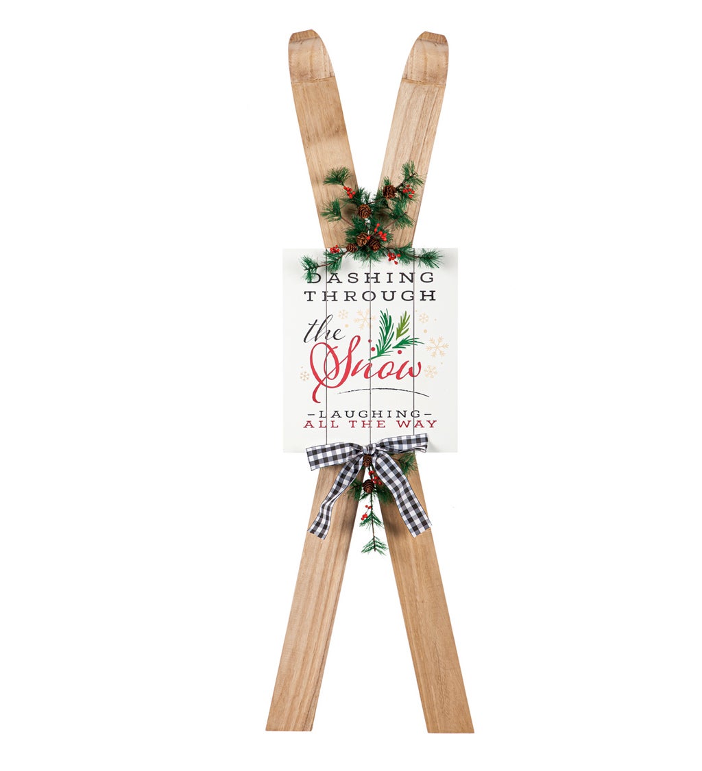 44.5"H Wooden Ski with Artificial Holiday Porch Décor