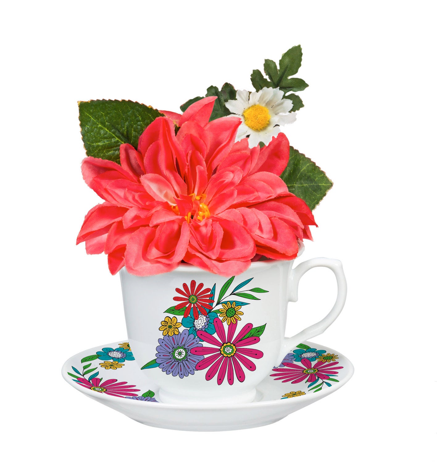 Coral Charm Peony in Tea Cup with Saucer