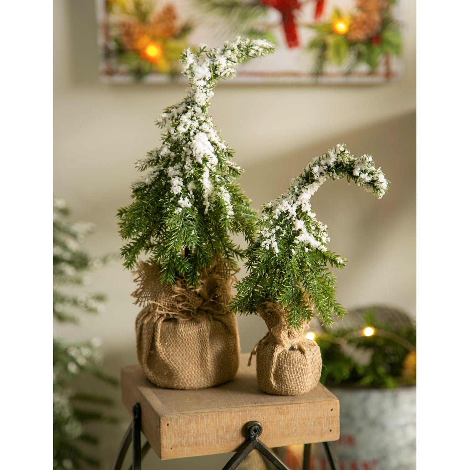 Snow Covered Tree in Burlap Pot, Set of 2