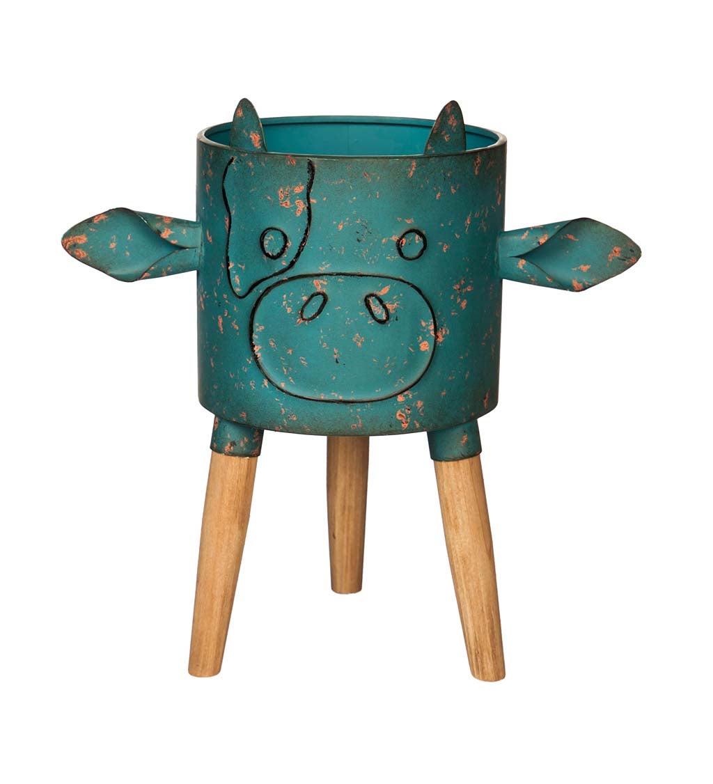 Metal Cow Planter With Wooden Stand