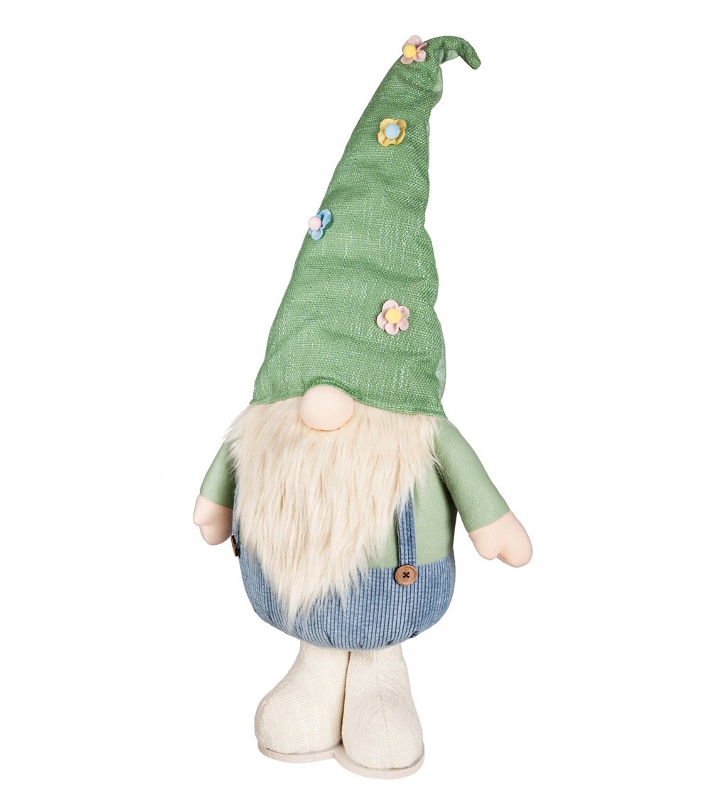 Gnome with Green Floral Hat and Blue Overalls Table Decor