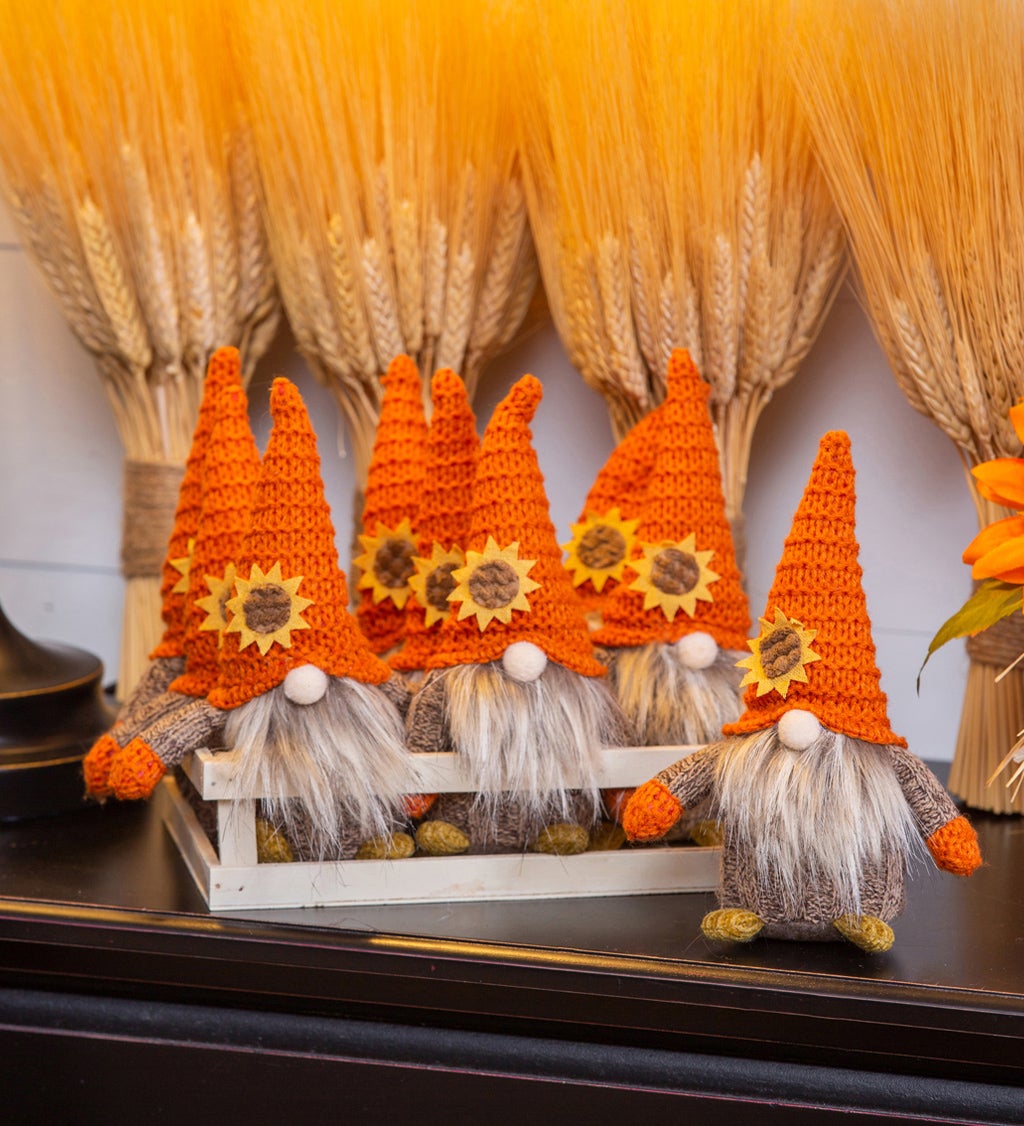 Fabric Fall Gnome with Knit Sunflower Hat Hanging Décor in 9 Piece Wood Tray