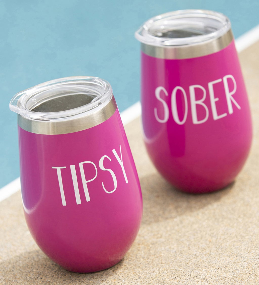 Tipsy and Sober Double Wall Vacuum 12 oz Wine Tumbler Gift Set