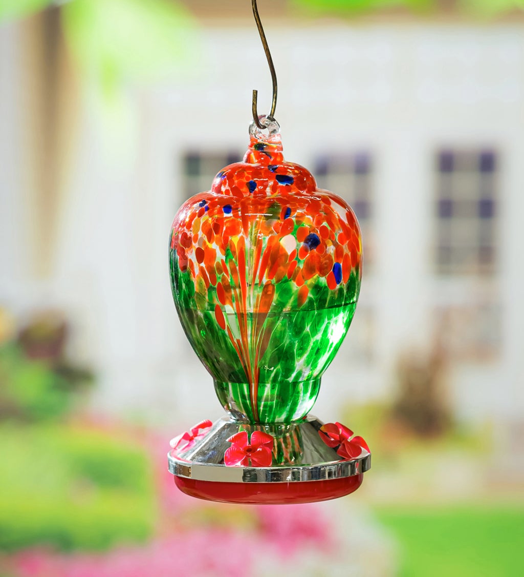 Red and Green Speckle Glass Hummingbird Feeder, Finial Shape