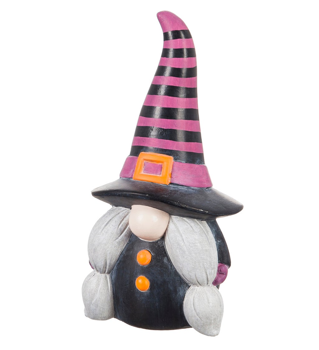 9"H Ceramic Witchy Gnome Garden Statuary with Purple and Black Striped Hat