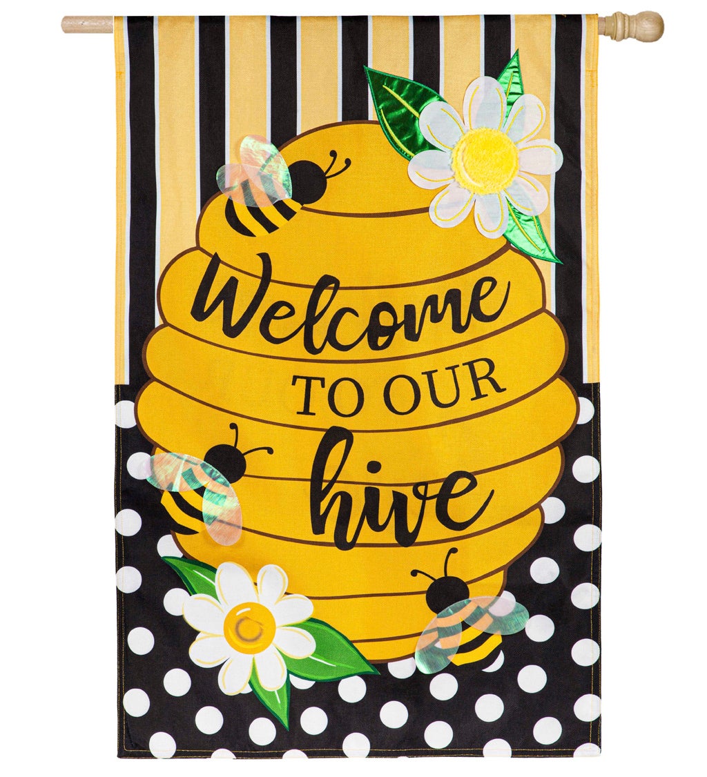 Welcome to our Hive Stripes and Dots House Burlap Flag