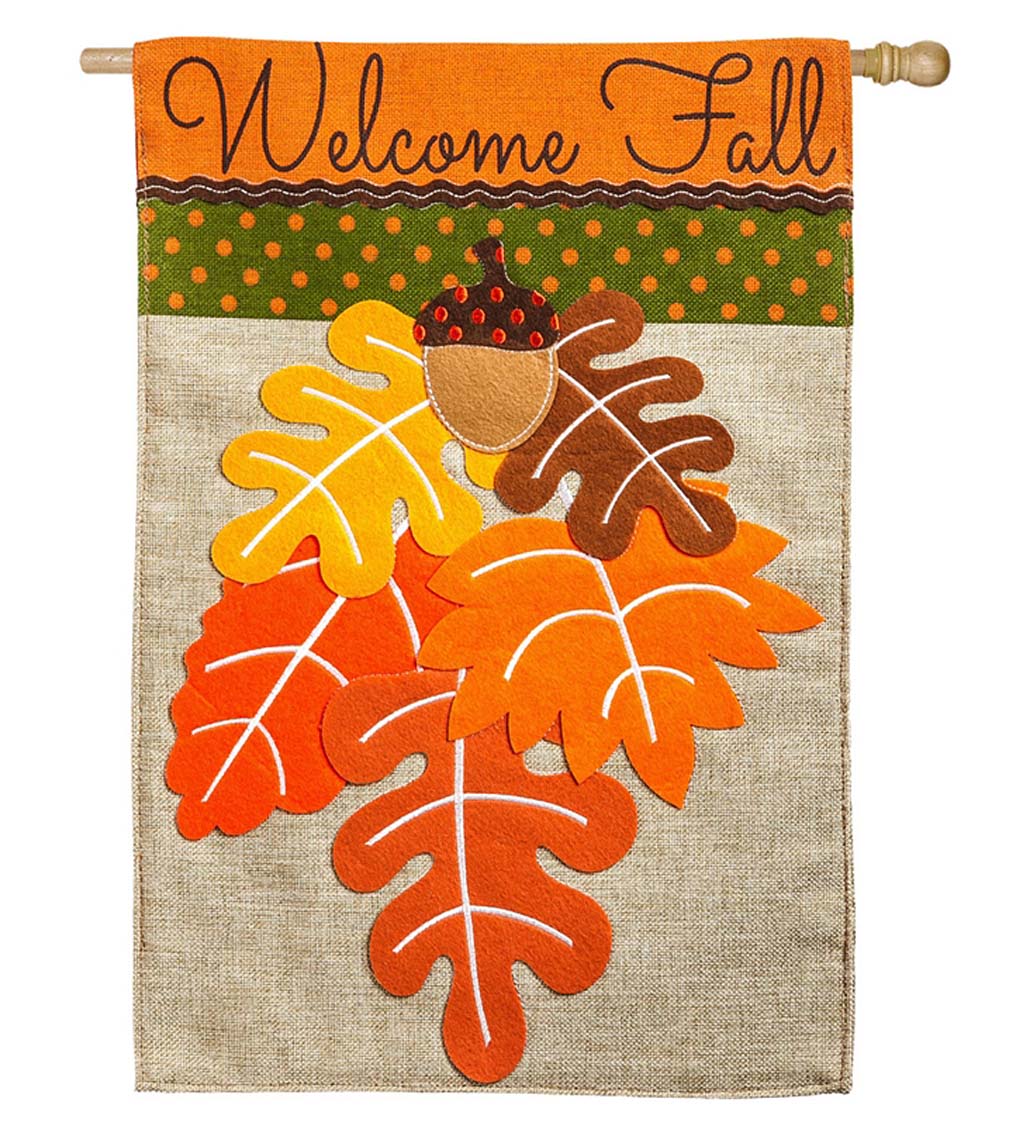 Welcome Fall Leaf Bouquet Burlap House Flag