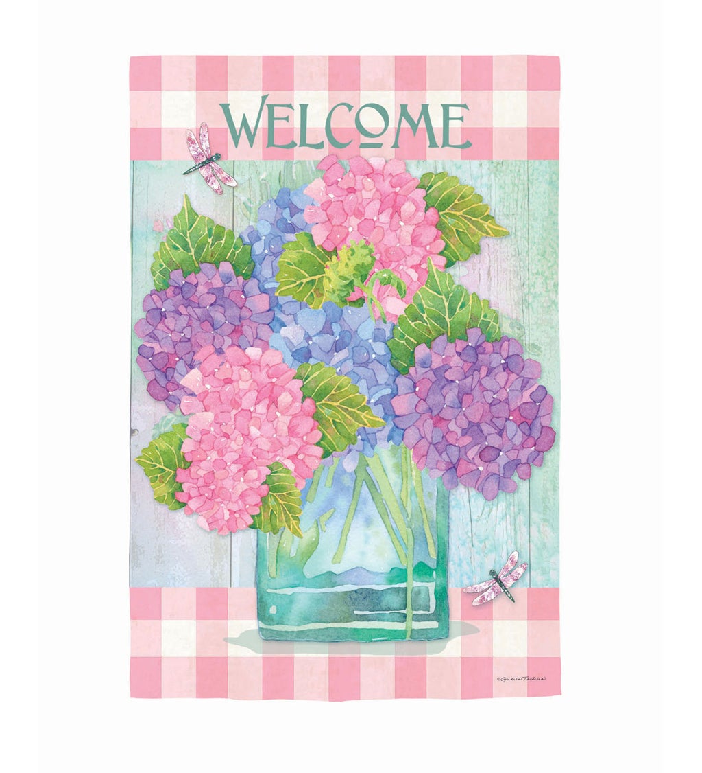 Welcome Hydrangeas House Textured Suede Flag