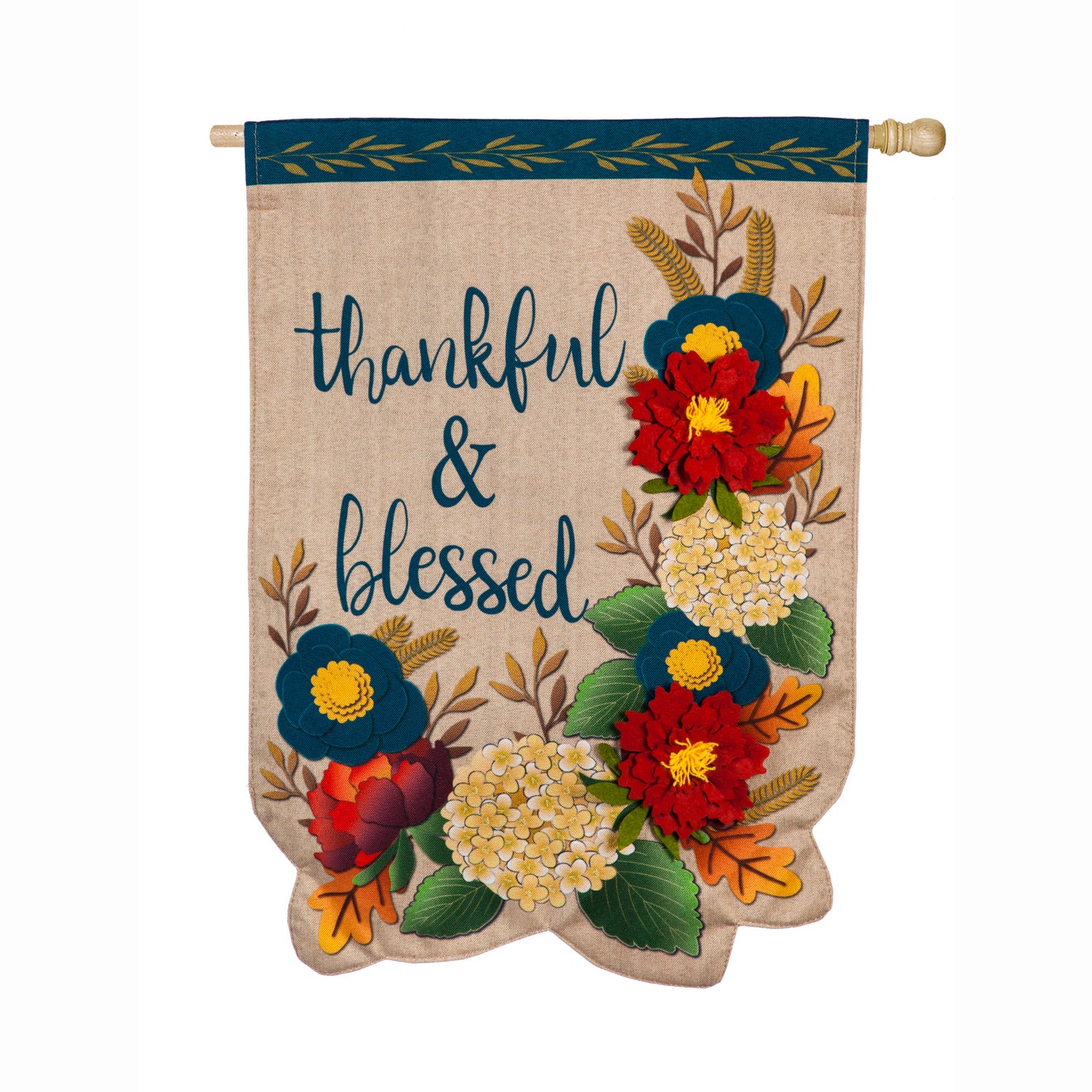Thankful and Blessed Floral Linen House Flag