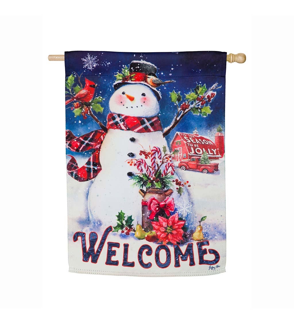 Christmas Barn Snowman Suede House Flag