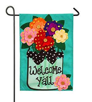Welcome Y'all Polka Dot Flowers Burlap Garden Flag