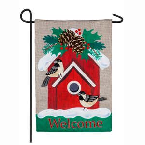 Holiday Chickadee Birdhouse Burlap Garden Flag