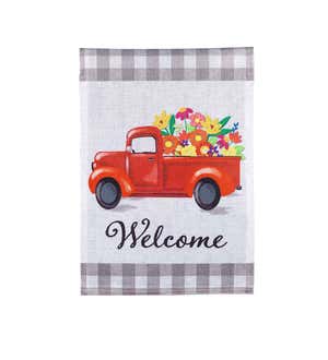 Welcome Red Truck Floral with Buffalo Plaid Garden Burlap Flag