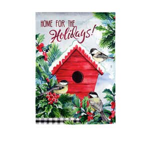 Chickadees Holiday Birdhouse Garden Textured Suede Flag