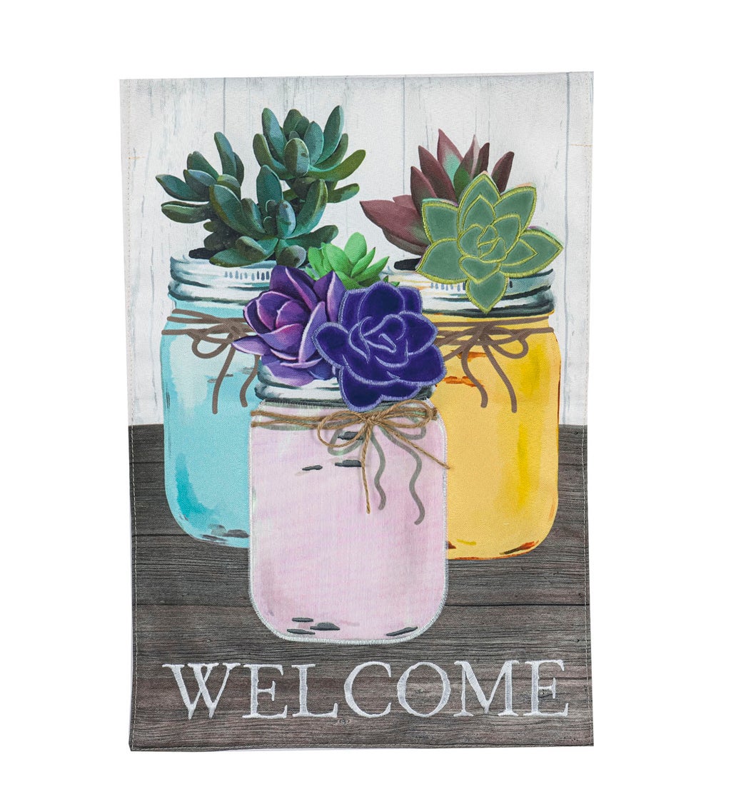 Mason Jar Succulents Garden Linen Flag