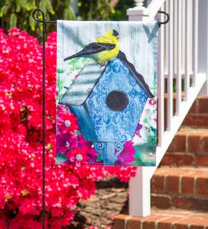 Finch and Birdhouse Garden Linen Flag