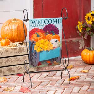 Flowers and Pumpkin Wagon Garden Linen Flag