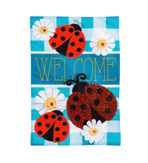 Ladybug Plaid Welcome Garden Linen Flag