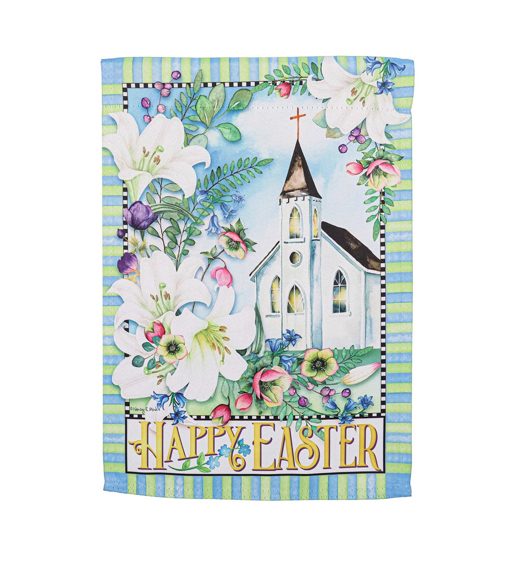 Easter Church with Flowers Garden Suede Flag