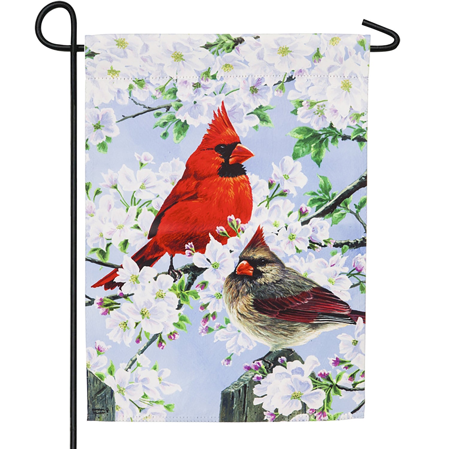 Glorious Morning Cardinals Suede Garden Flag