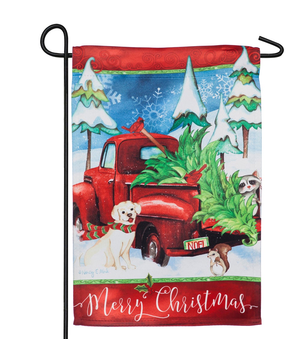 Bringing Home the Christmas Tree Suede Garden Flag